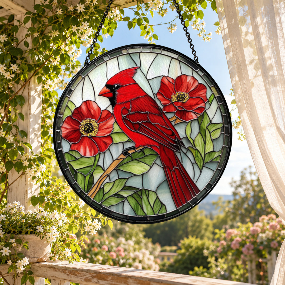 Red Cardinal with Bright Poppy Flowers stained glass suncatcher window hanging – front design view