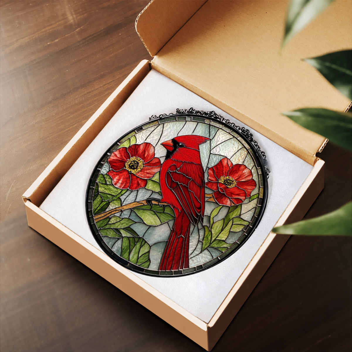 Red Cardinal with Bright Poppy Flowers stained glass suncatcher – flat printed artwork design