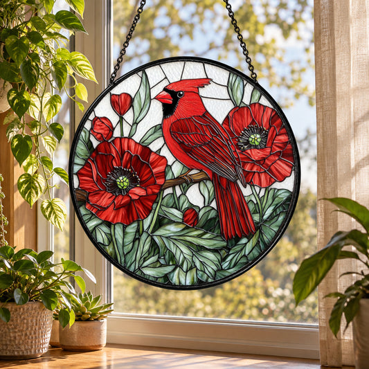 Red Cardinal with Red Poppies stained glass suncatcher window hanging – front design view