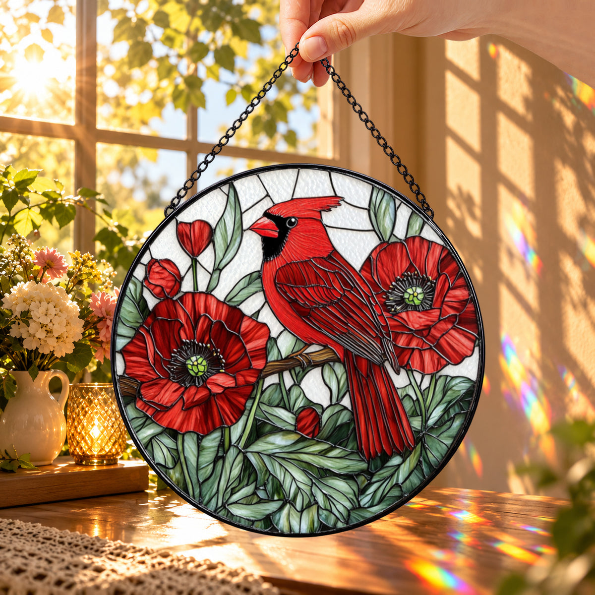 Red Cardinal with Red Poppies round stained glass window hanging – second gallery view