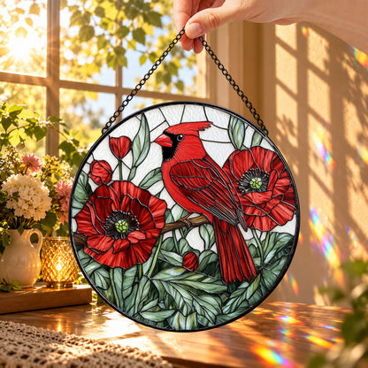 Red Cardinal with Red Poppies round stained glass window hanging – second gallery view