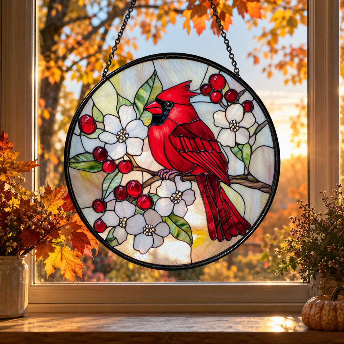 Red Cardinal with White Blossoms stained glass suncatcher window hanging – front design view