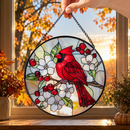Red Cardinal with White Blossoms round stained glass window hanging – second gallery view