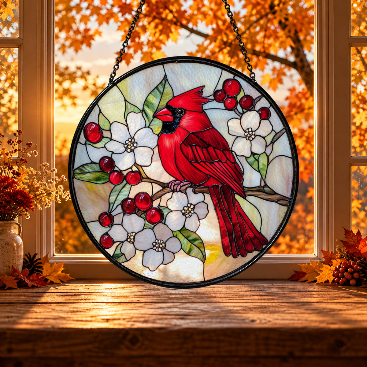 Red Cardinal with White Blossoms stained glass window suncatcher – third gallery view