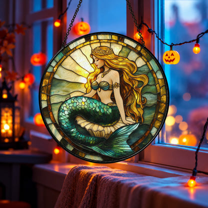 Red Haired Mermaid with Golden Moon stained glass suncatcher window hanging – front design view