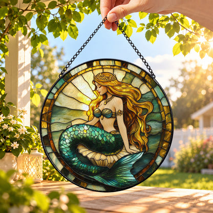 Red Haired Mermaid with Golden Moon round stained glass window hanging – second gallery view