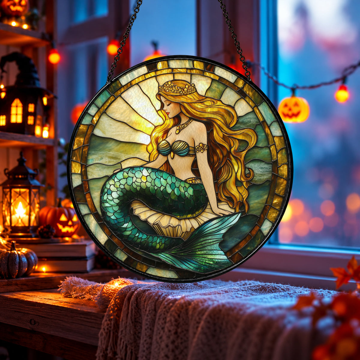 Red Haired Mermaid with Golden Moon stained glass window suncatcher – third gallery view