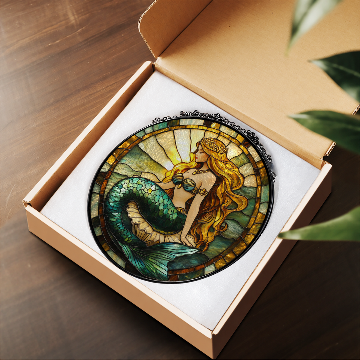 Red Haired Mermaid with Golden Moon stained glass suncatcher – flat printed artwork design