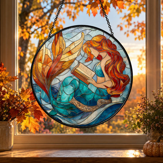 Red Haired Mermaid with Ocean Waves stained glass suncatcher window hanging – front design view