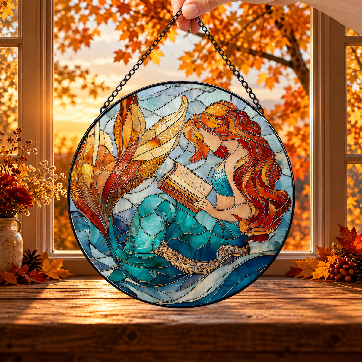 Red Haired Mermaid with Ocean Waves round stained glass window hanging – second gallery view