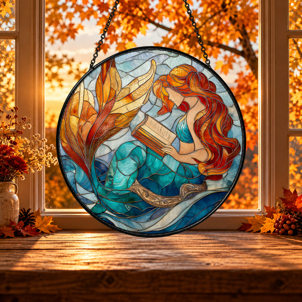 Red Haired Mermaid with Ocean Waves stained glass window suncatcher – third gallery view