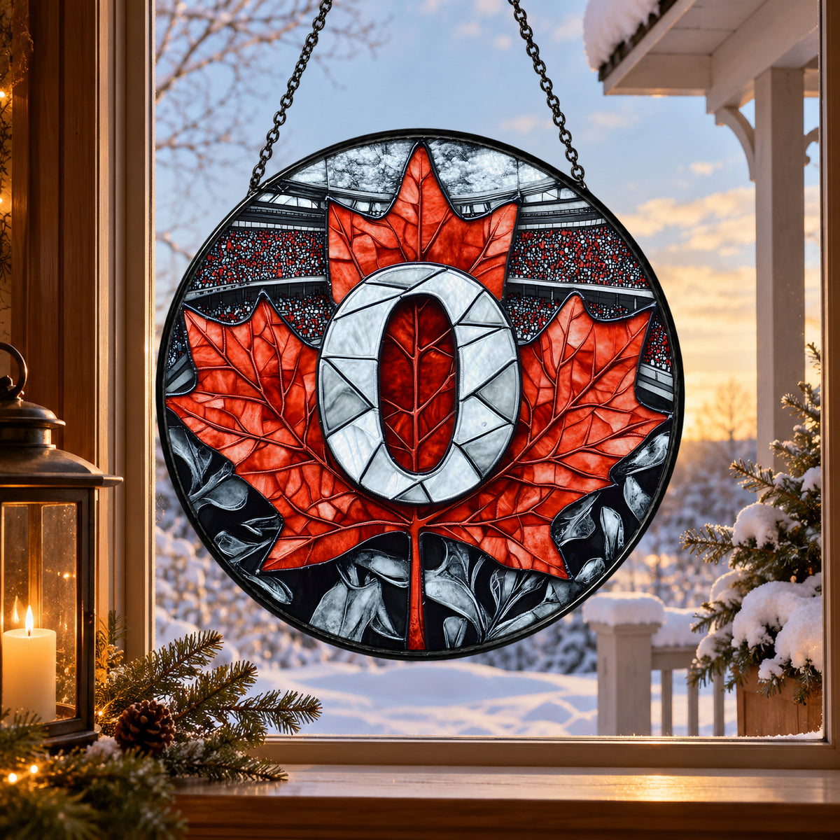 Red Maple Leaf with Canadian Symbol stained glass suncatcher window hanging – front design view