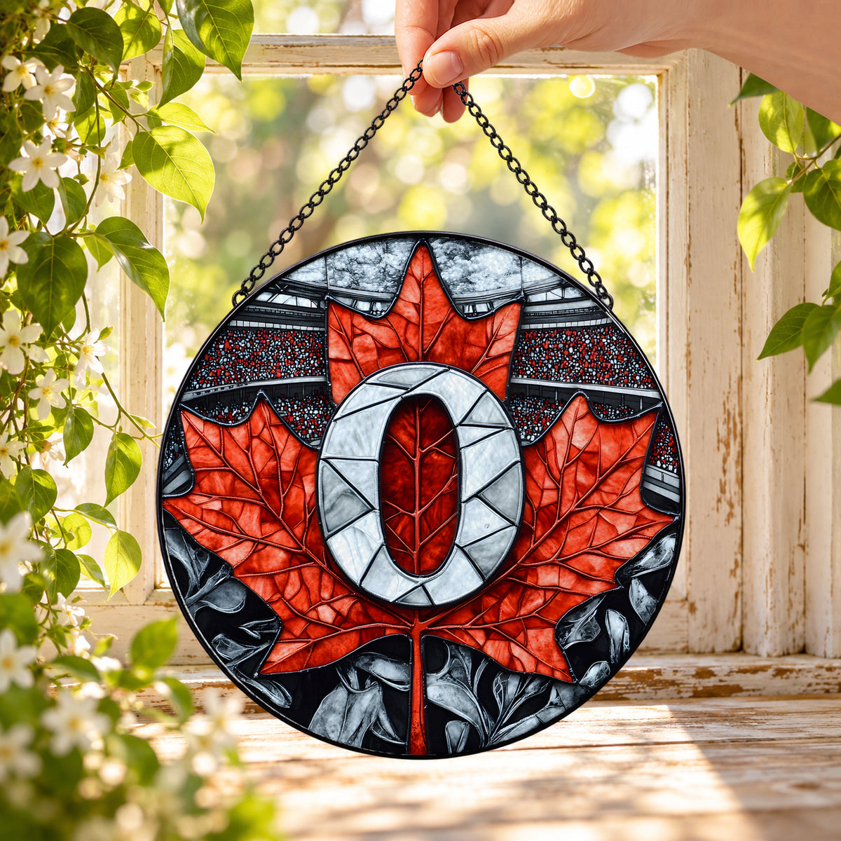 Red Maple Leaf with Canadian Symbol round stained glass window hanging – second gallery view