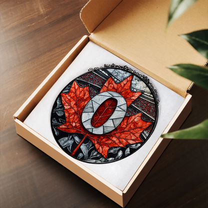 Red Maple Leaf with Canadian Symbol stained glass suncatcher – flat printed artwork design