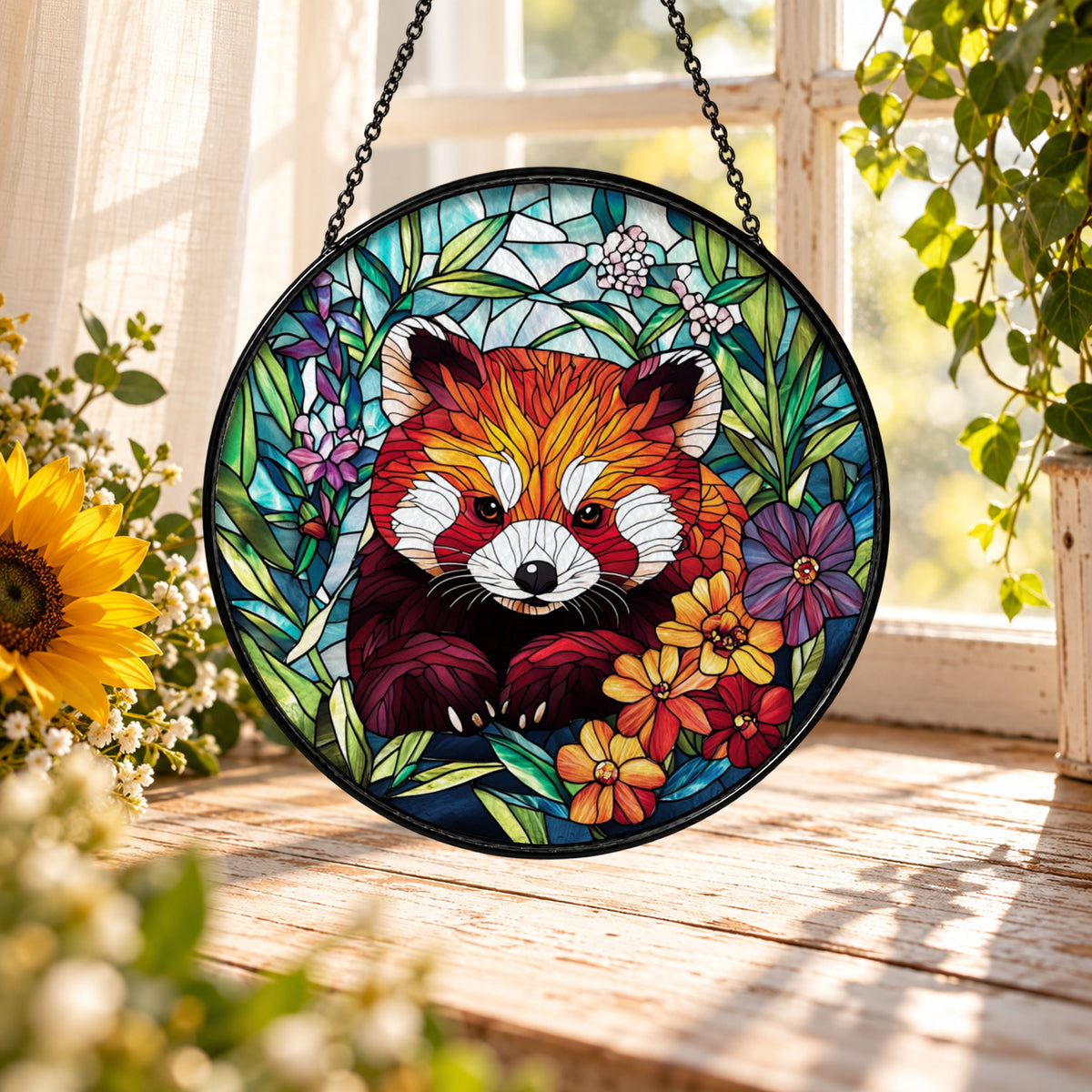 Red Panda in Colorful Flower Garden stained glass suncatcher window hanging – front design view