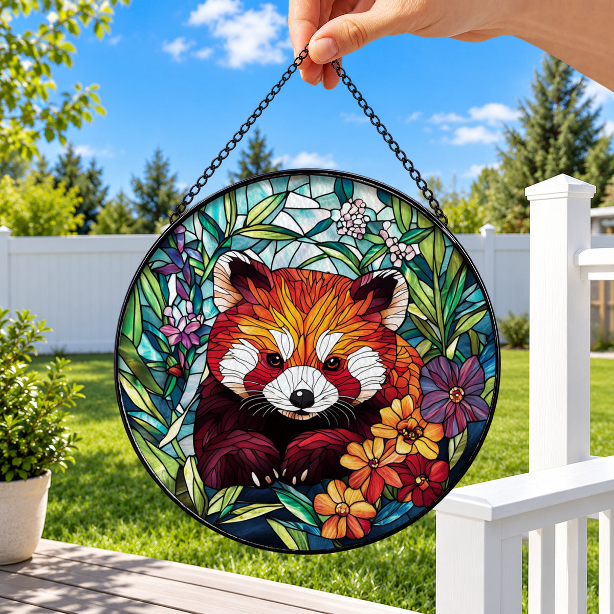 Red Panda in Colorful Flower Garden round stained glass window hanging – second gallery view