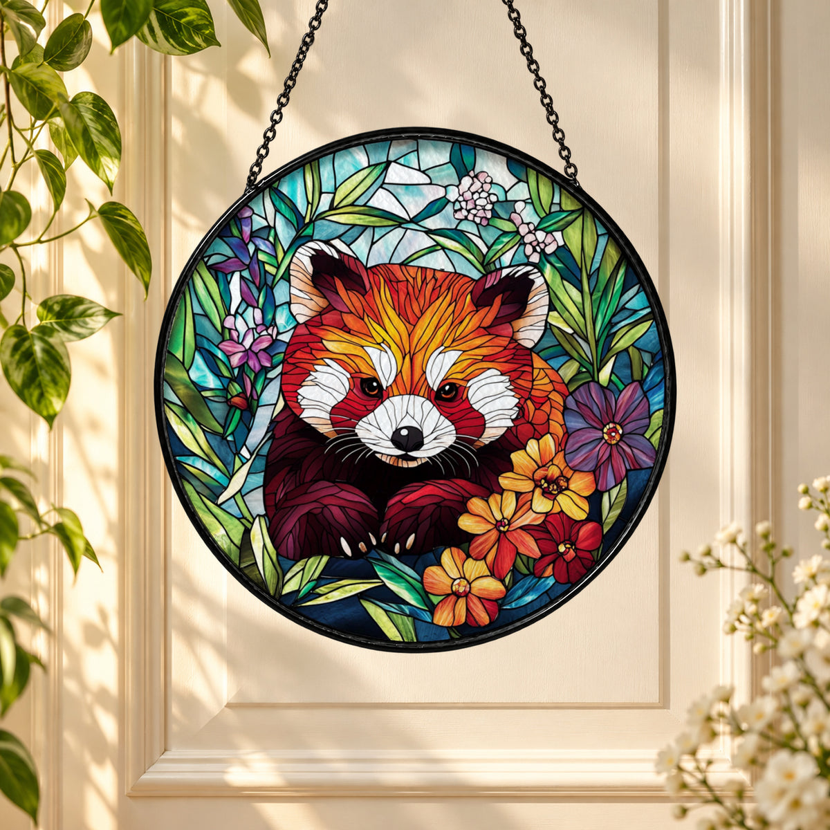 Red Panda in Colorful Flower Garden stained glass window suncatcher – third gallery view