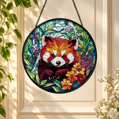 Red Panda in Colorful Flower Garden stained glass window suncatcher – third gallery view