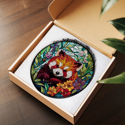 Red Panda in Colorful Flower Garden stained glass suncatcher – flat printed artwork design