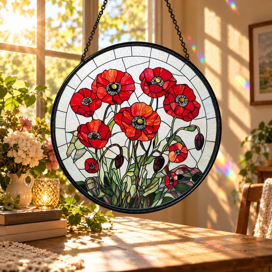 Red Poppy Flower Field stained glass suncatcher window hanging – front design view