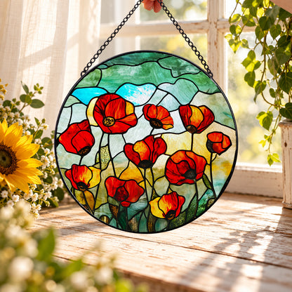Red Poppy Flowers in Green Meadow stained glass suncatcher window hanging – front design view