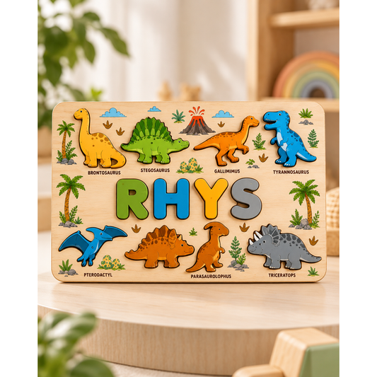 Personalized RHYS dinosaur wooden name puzzle – square lifestyle mockup