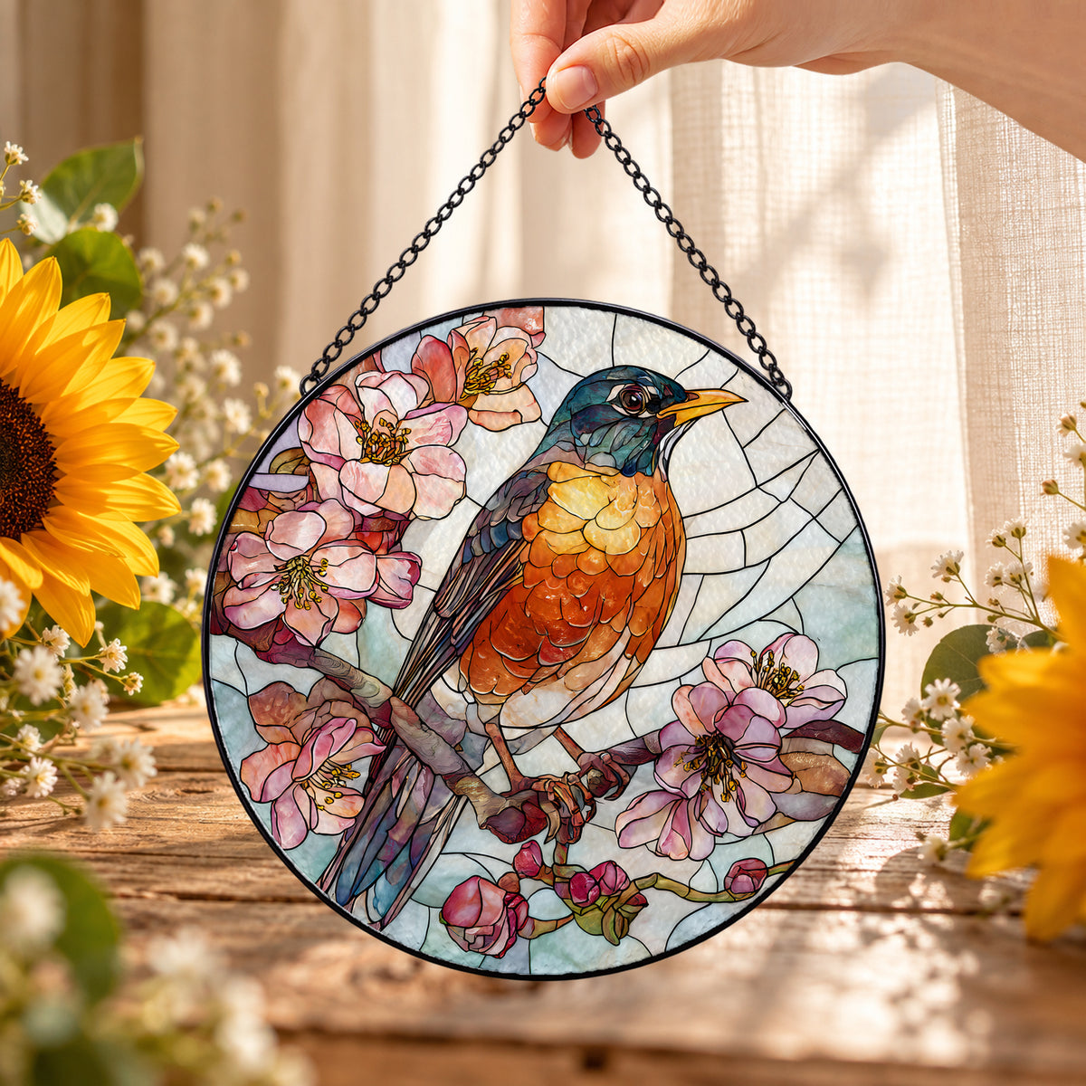 Robin on Pink Cherry Blossom Branch round stained glass window hanging – second gallery view