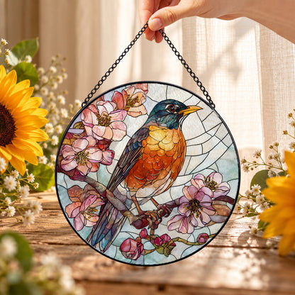 Robin on Pink Cherry Blossom Branch round stained glass window hanging – second gallery view