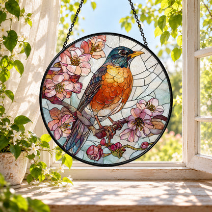 Robin on Pink Cherry Blossom Branch stained glass window suncatcher – third gallery view