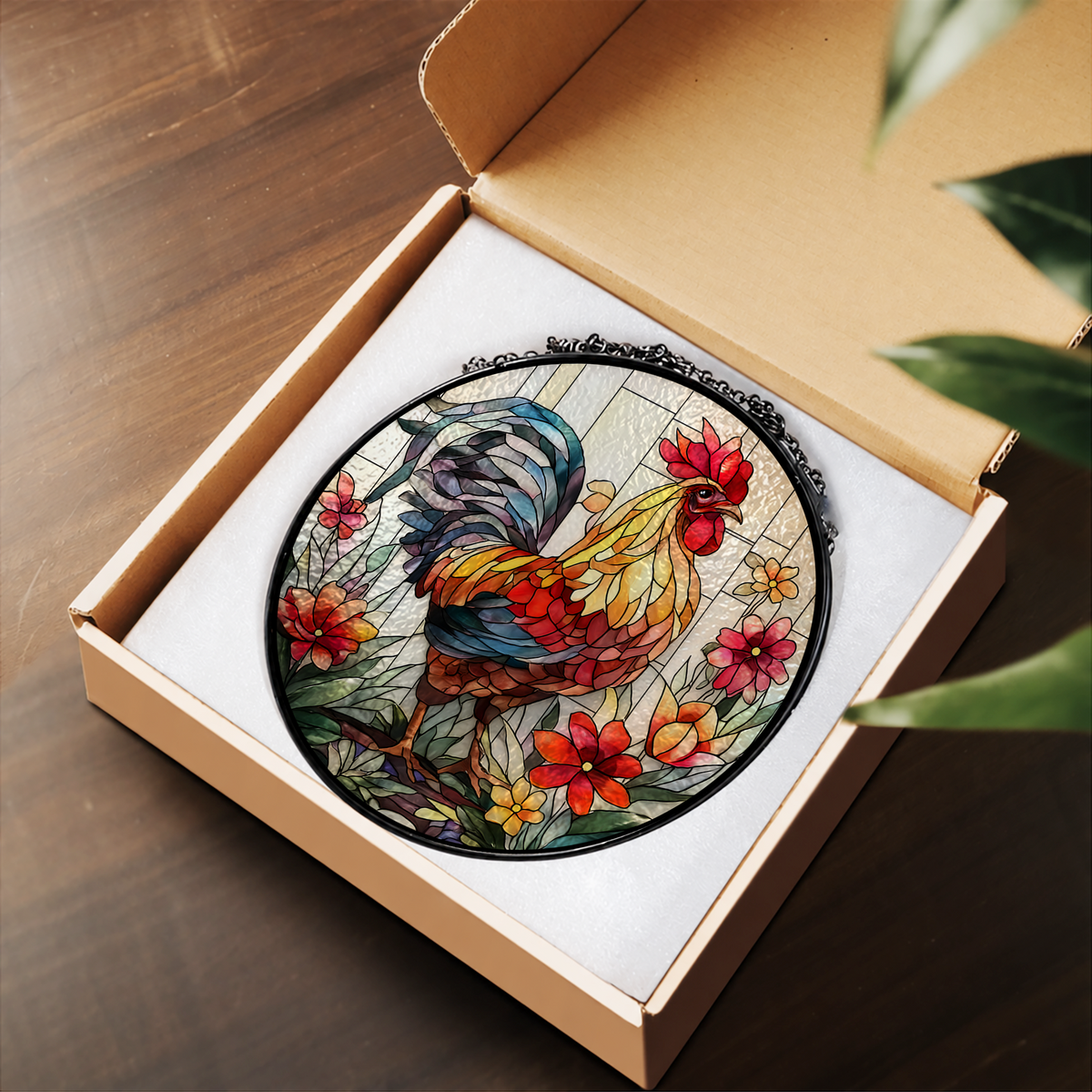 Rooster on Flowering Branch stained glass suncatcher – flat printed artwork design