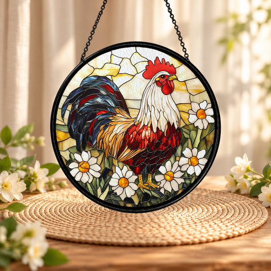 Rooster with White Daisy Flowers stained glass suncatcher window hanging – front design view