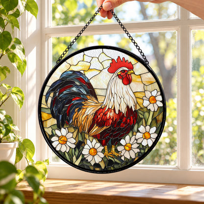 Rooster with White Daisy Flowers round stained glass window hanging – second gallery view