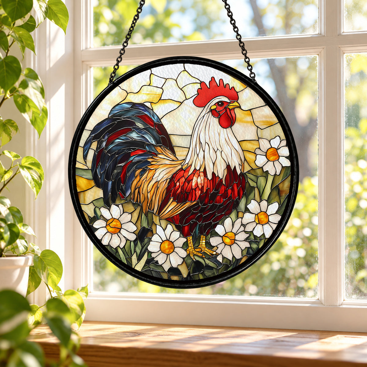 Rooster with White Daisy Flowers stained glass window suncatcher – third gallery view