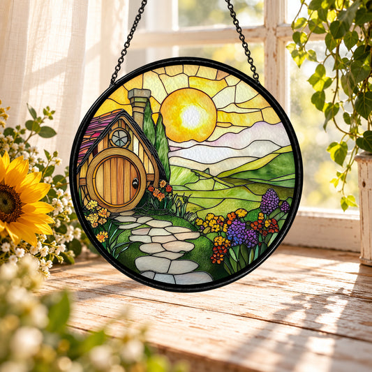Round Door Cottage in Sunny Hills stained glass suncatcher window hanging – front design view