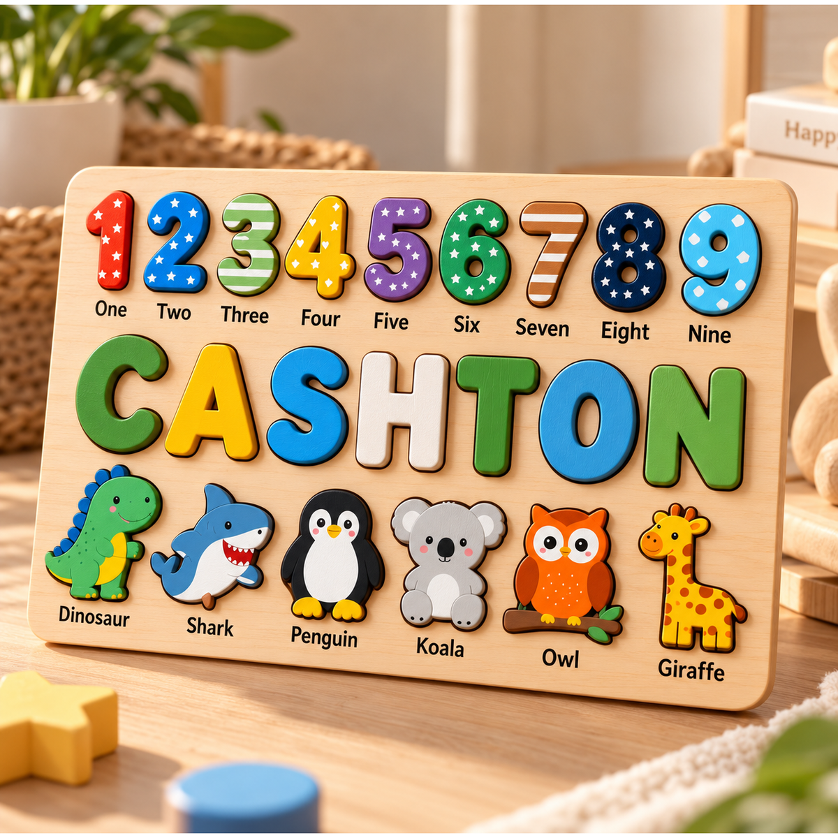 Safari animals personalized wooden name puzzle – square image