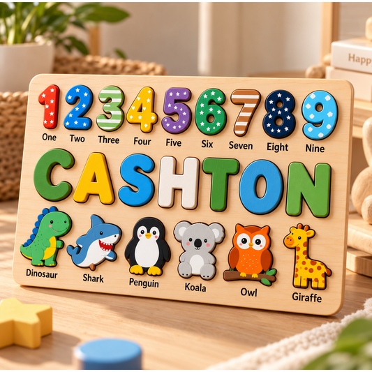 Safari animals personalized wooden name puzzle – square image