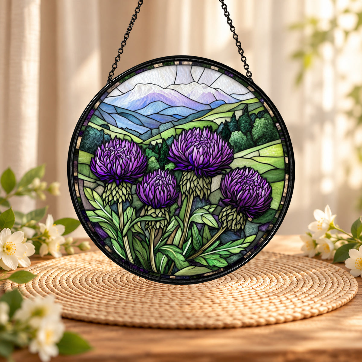 Scottish Purple Thistle Meadow stained glass suncatcher window hanging – front design view