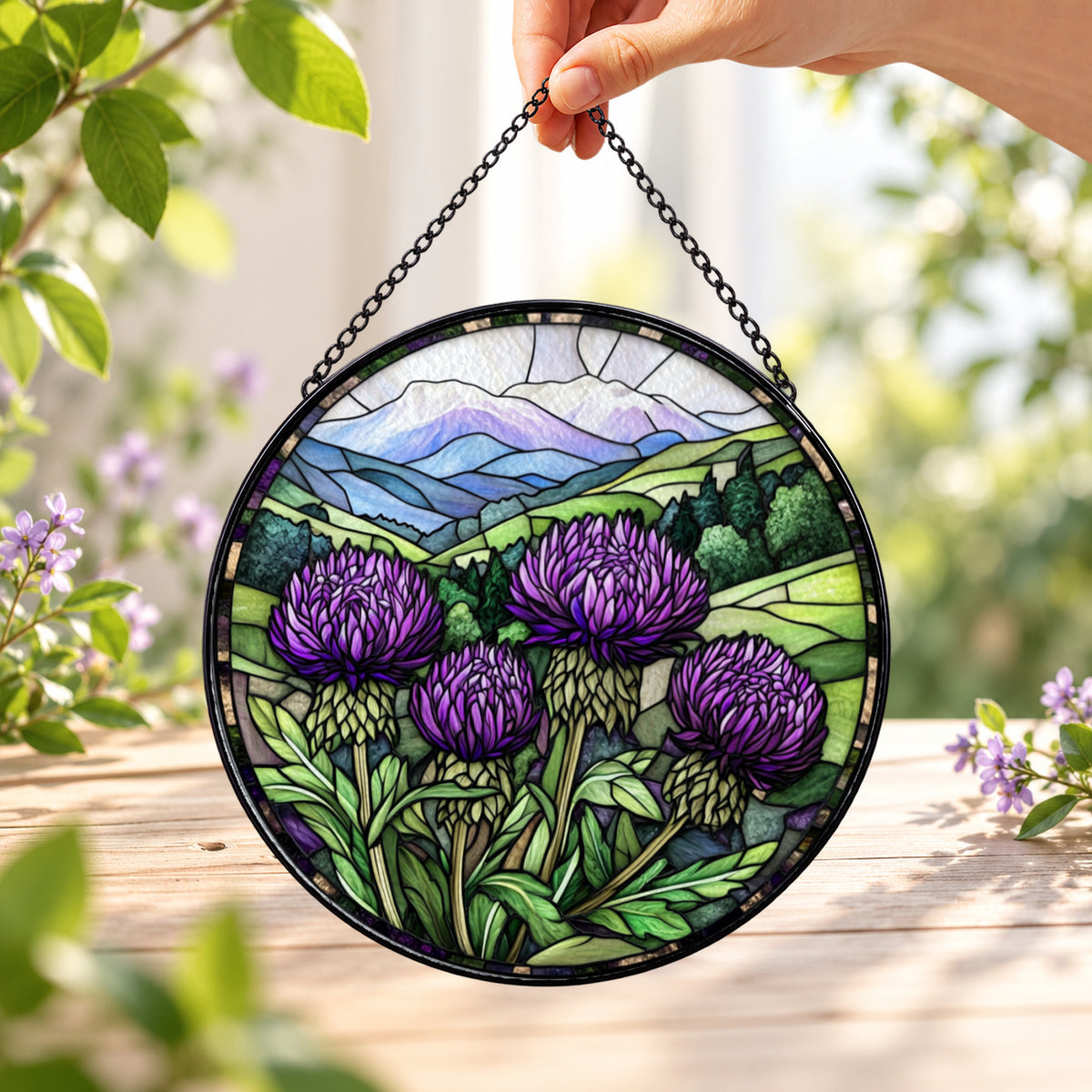 Scottish Purple Thistle Meadow round stained glass window hanging – second gallery view