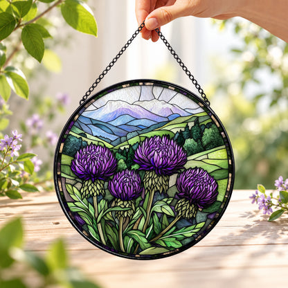 Scottish Purple Thistle Meadow round stained glass window hanging – second gallery view