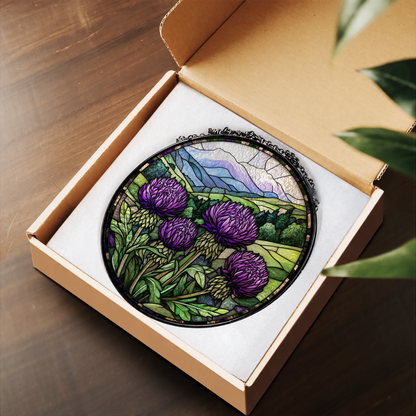 Scottish Purple Thistle Meadow stained glass suncatcher – flat printed artwork design