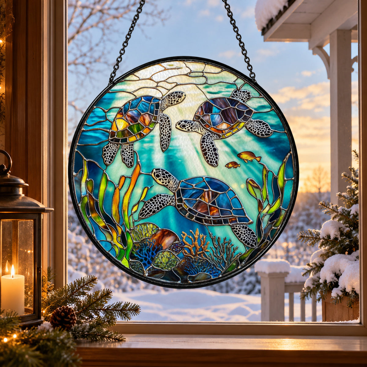 Sea Turtles among Colorful Coral stained glass suncatcher window hanging – front design view