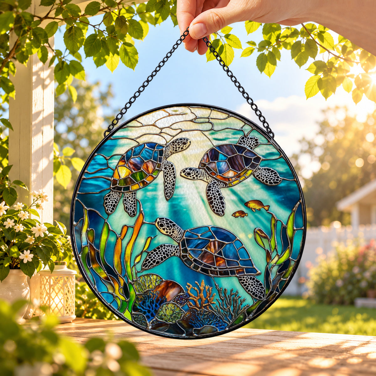 Sea Turtles among Colorful Coral round stained glass window hanging – second gallery view