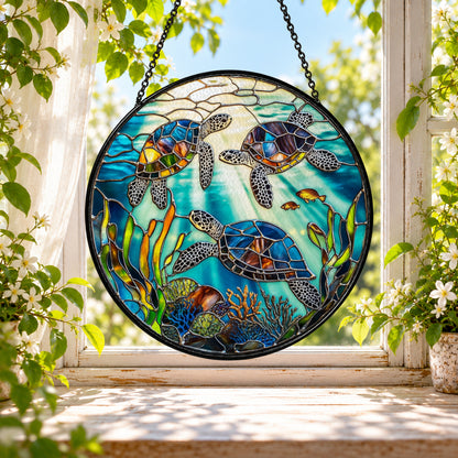 Sea Turtles among Colorful Coral stained glass window suncatcher – third gallery view