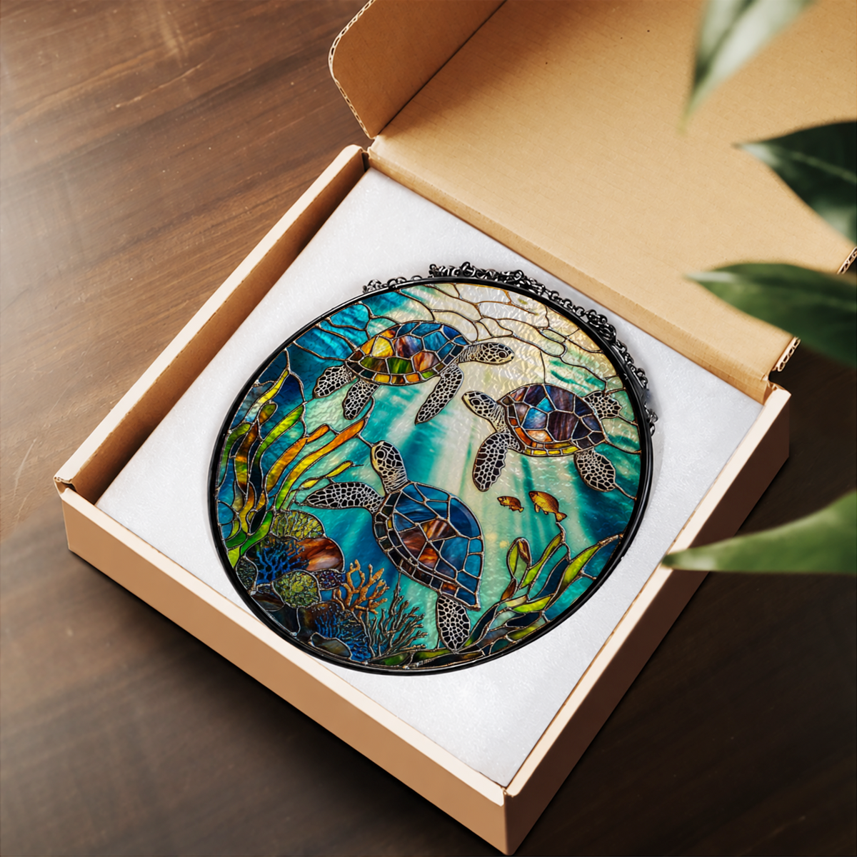 Sea Turtles among Colorful Coral stained glass suncatcher – flat printed artwork design