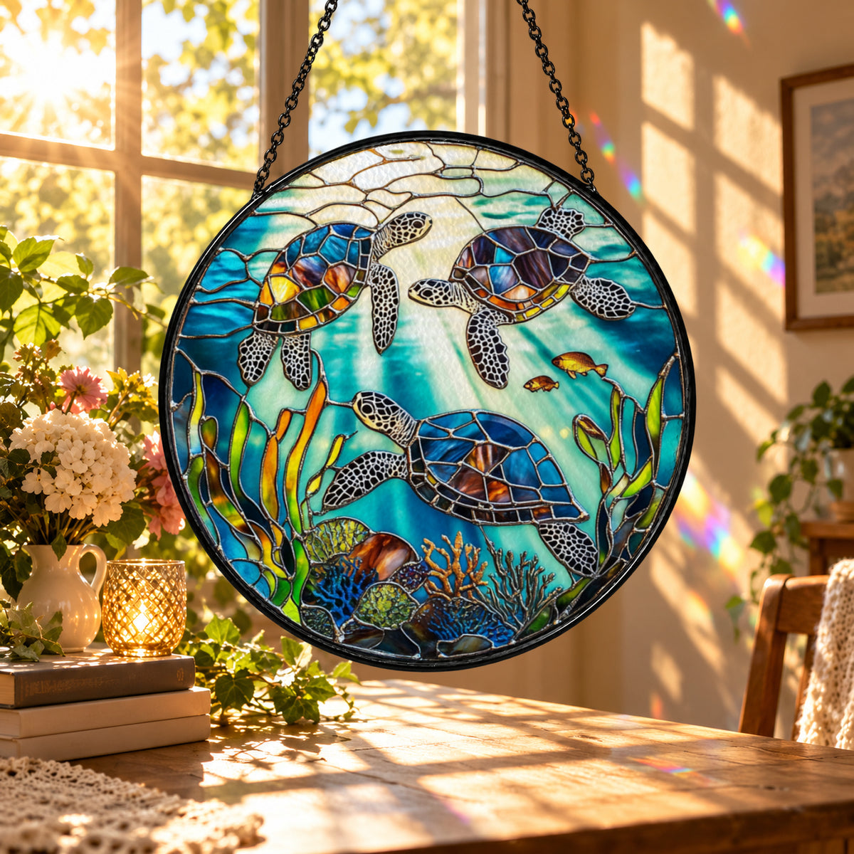 Sea Turtles in Coral Reef stained glass suncatcher window hanging – front design view