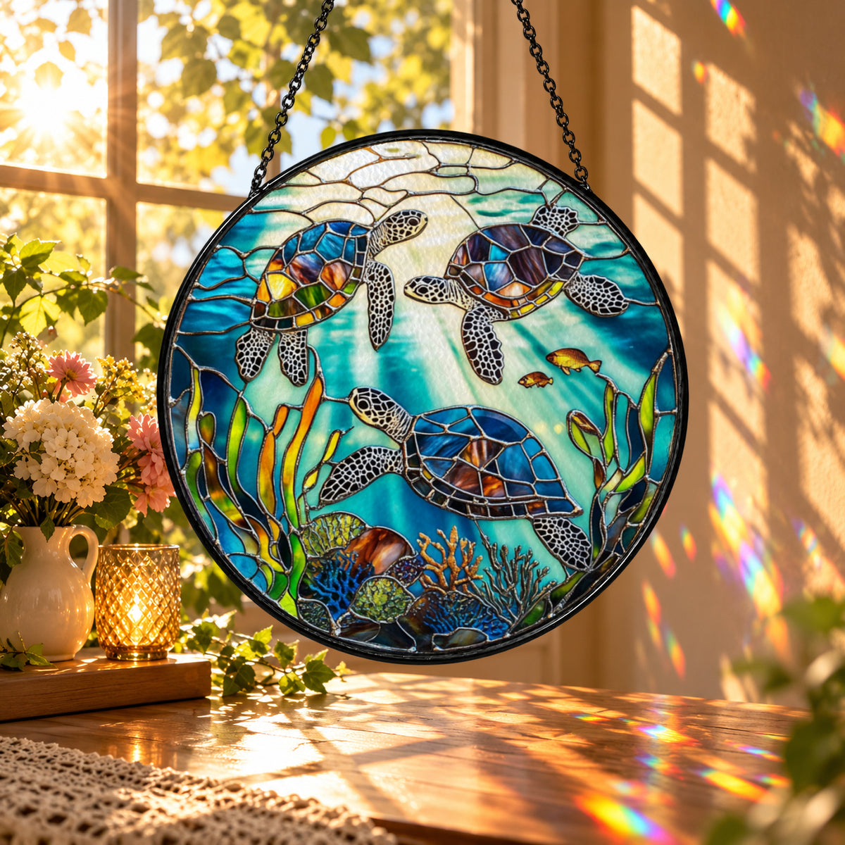 Sea Turtles in Coral Reef stained glass window suncatcher – third gallery view