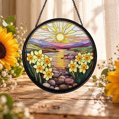Seaside Sunset with Yellow Daisies stained glass suncatcher window hanging – front design view