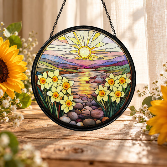 Seaside Sunset with Yellow Daisies stained glass suncatcher window hanging – front design view