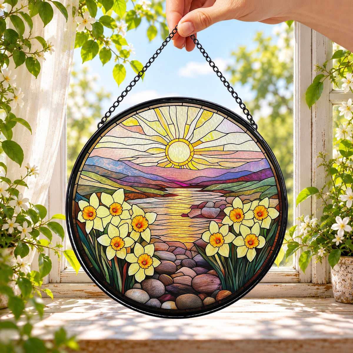 Seaside Sunset with Yellow Daisies round stained glass window hanging – second gallery view