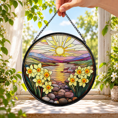 Seaside Sunset with Yellow Daisies round stained glass window hanging – second gallery view